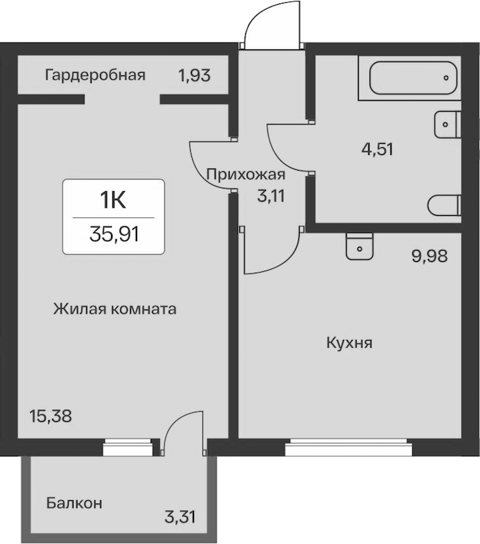 1-комнатная квартира 35.91 м², 9/12 эт., ЖК «Расцветай в Янино»